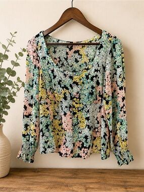 LOFT Black Multi Floral Scoop-Neck Blouse